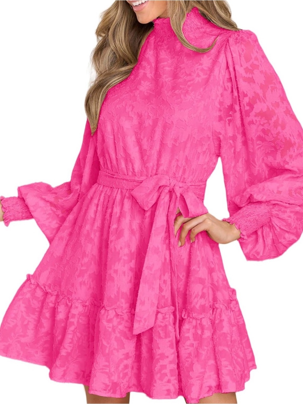 Ferlema Women’s Elegant Floral Pink Dress Smocked Ruffle Long Sleeve Belt Rose L